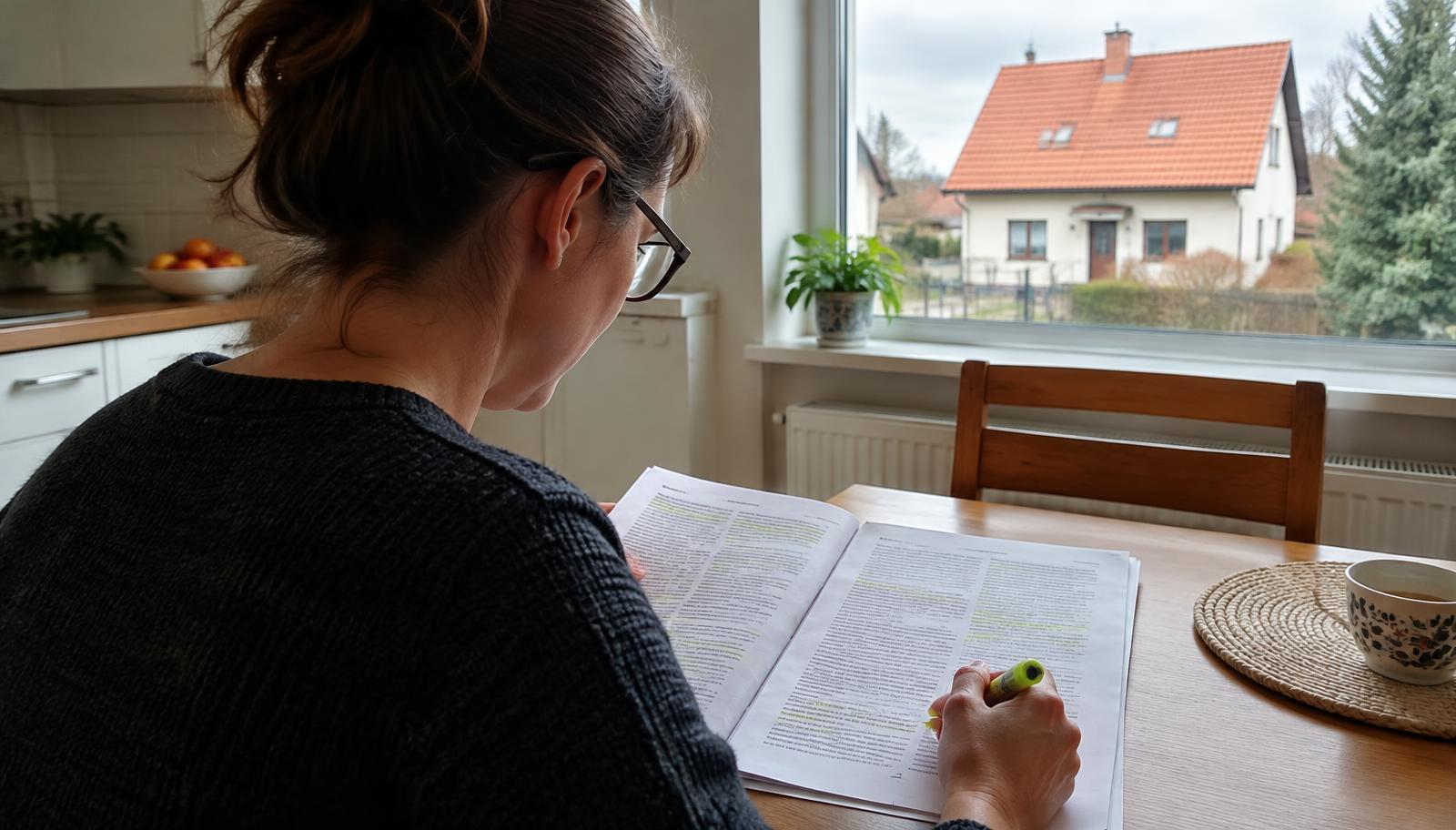 Žena čte vytištěný dokument se zvýrazňovačem u kuchyňského stolu, za oknem rodinný dům