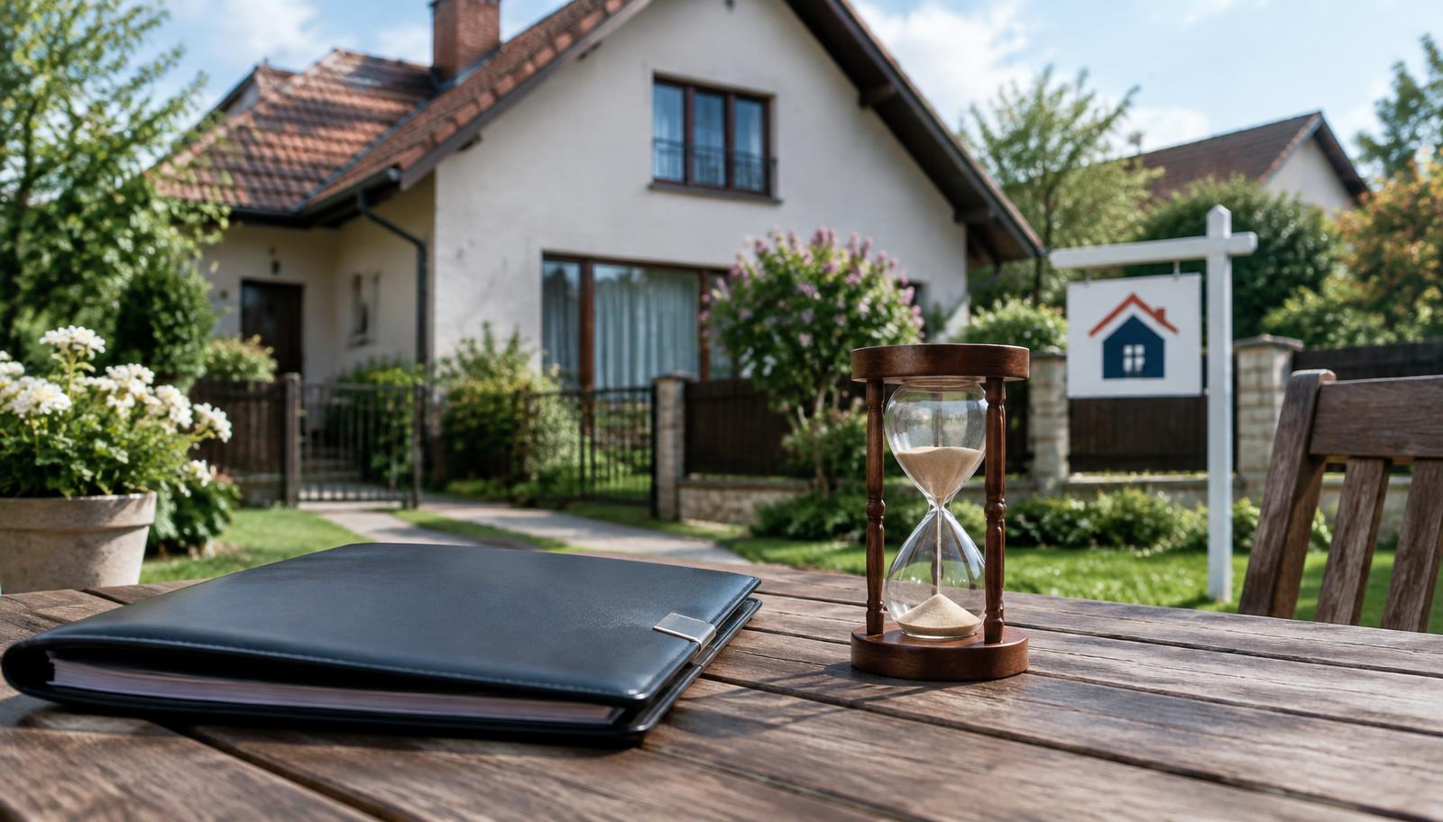 Osoba u notebooku kontroluje údaje o nemovitosti vedle vytištěné kupní smlouvy a klíčů