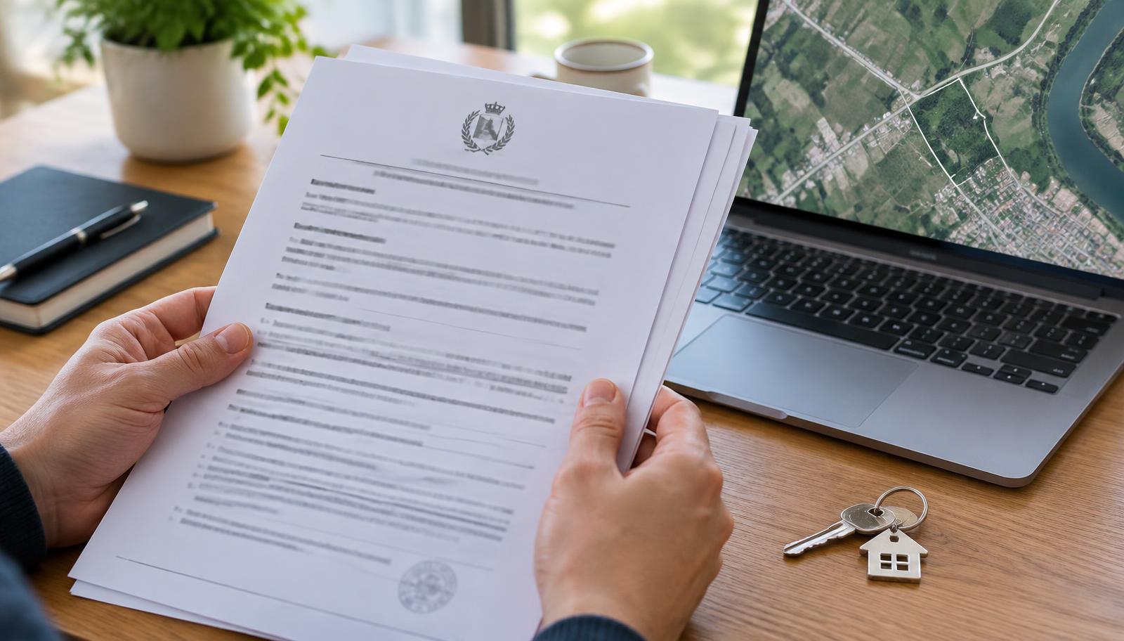Ruce drží vytištěný výpis s dokumenty vedle notebooku s leteckou mapou a klíči od domu